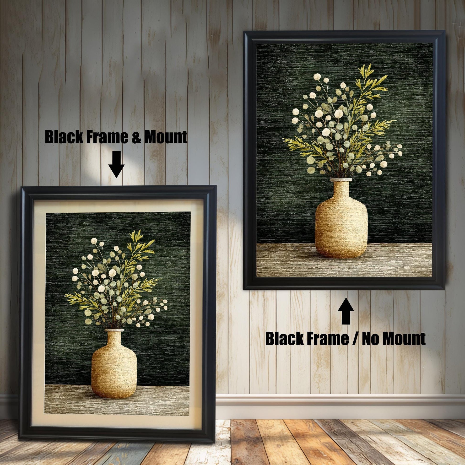 Comparison image showing the art print in a Black Frame. On the left: ""Black Frame & Mount"" (with a white border/mat). On the right: ""Black Frame / No Mount"" (without a border/mat).