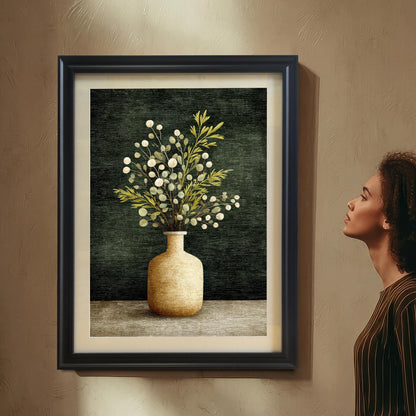 A woman with curly hair is standing and looking up at a framed art print of a vase with foliage, which is hanging on a textured beige wall. The frame is a Black wood with a light border/mount.