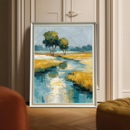 A framed art print of the abstract landscape painting, displayed leaning against a door with decorative molding. The frame is White wood.