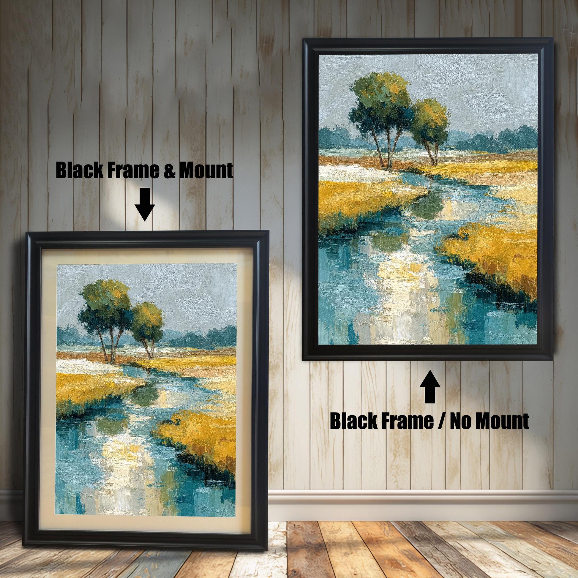 Comparison image showing the abstract landscape art print in a Black Frame. On the left: ""Black Frame & Mount"" (with a light border/mat). On the right: ""Black Frame / No Mount"" (without a border/mat).