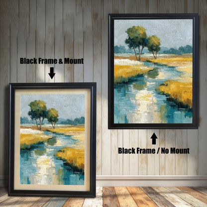 Comparison image showing the abstract landscape art print in a Black Frame. On the left: ""Black Frame & Mount"" (with a light border/mat). On the right: ""Black Frame / No Mount"" (without a border/mat).