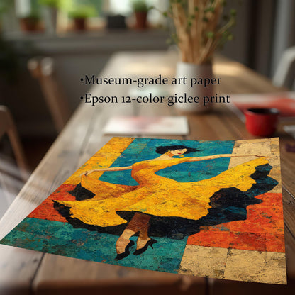 A close-up shot of the un-framed art print lying flat on a wooden table, emphasizing the texture and color. Text overlays mention the quality: Museum-grade art paper and Epson 12-color giclee print.