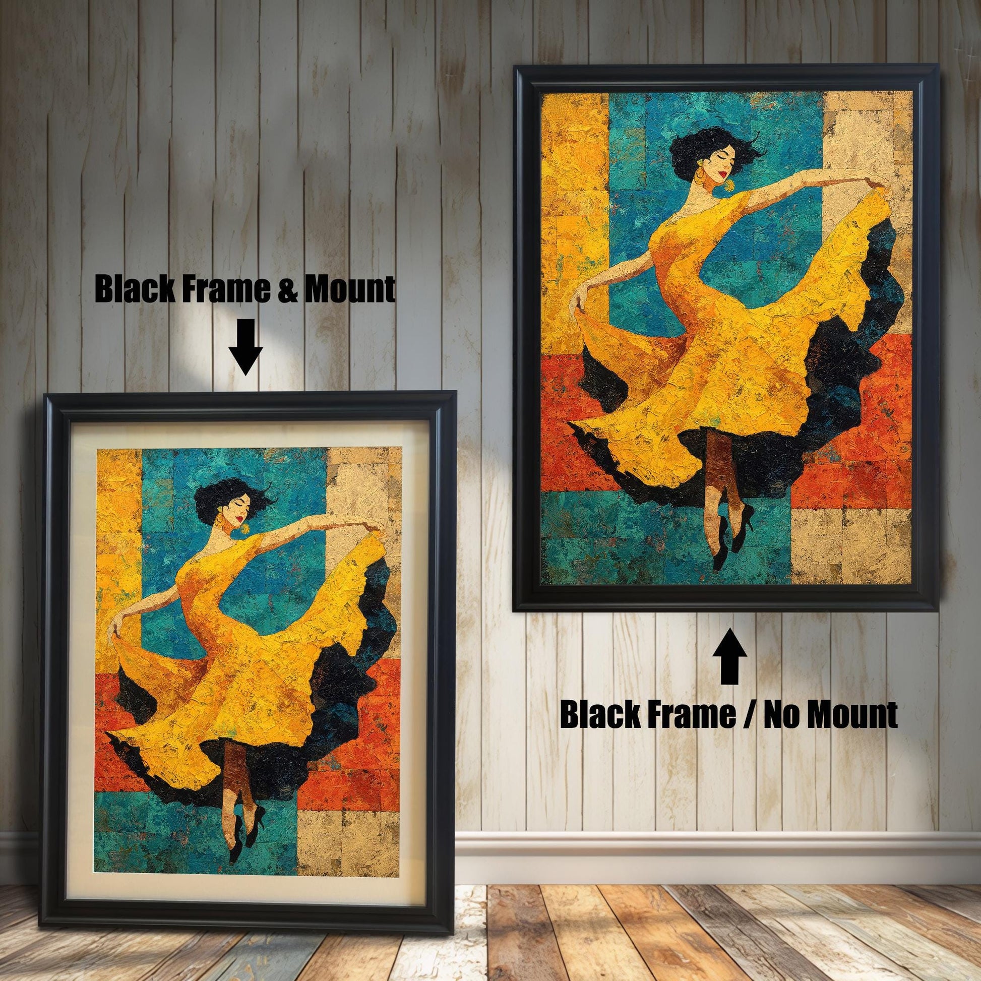 Side-by-side view of a dancer art print. On the left, a smaller print is shown with a Black Frame & Mount (matting). On the right, a larger print is shown with a Black Frame / No Mount. Both are against a white wood-paneled wall.