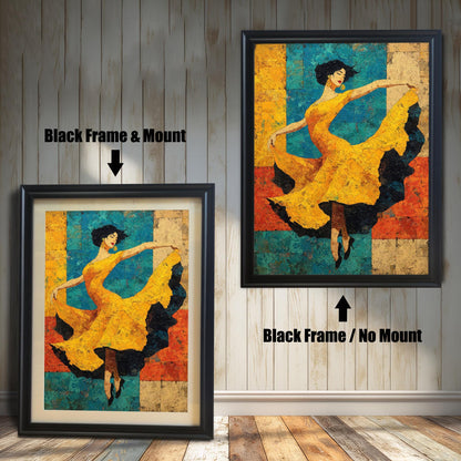 Side-by-side view of a dancer art print. On the left, a smaller print is shown with a Black Frame & Mount (matting). On the right, a larger print is shown with a Black Frame / No Mount. Both are against a white wood-paneled wall.