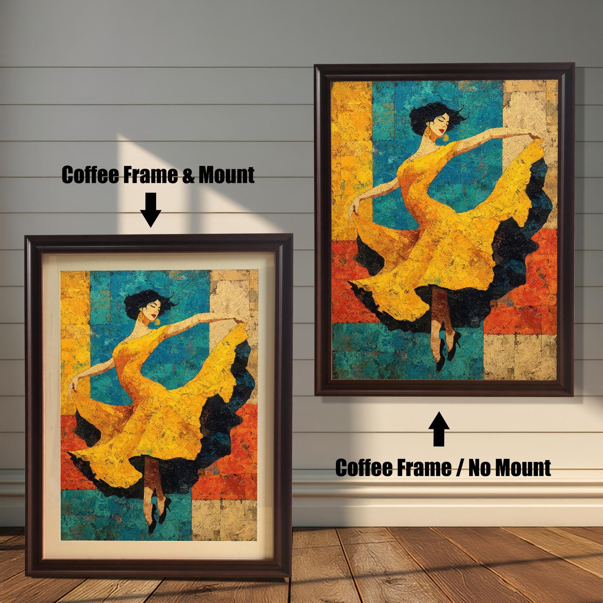 Side-by-side view of a dancer art print. On the left, a smaller print is shown with a Coffee Frame & Mount (matting). On the right, a larger print is shown with a Coffee Frame / No Mount. Both are against a white wood-paneled wall.