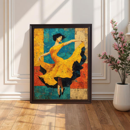 A framed art print of a dancer in a yellow dress, set in a Coffee/Dark Brown Frame (no mount), propped on a hardwood floor against a white paneled wall with a potted plant to the side. Sunlight casts diagonal shadows across the floor.