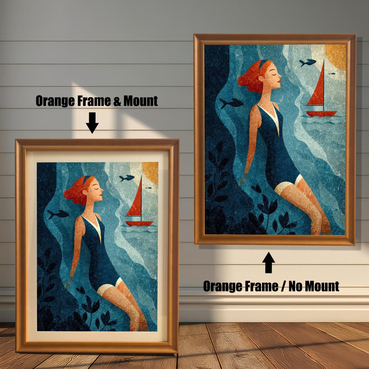 Side-by-side view of a woman-swimmer art print. On the left, a smaller print is shown with an Orange Frame & Mount (matting). On the right, a larger print is shown with an Orange Frame / No Mount. Both are against a white wood-paneled wall.