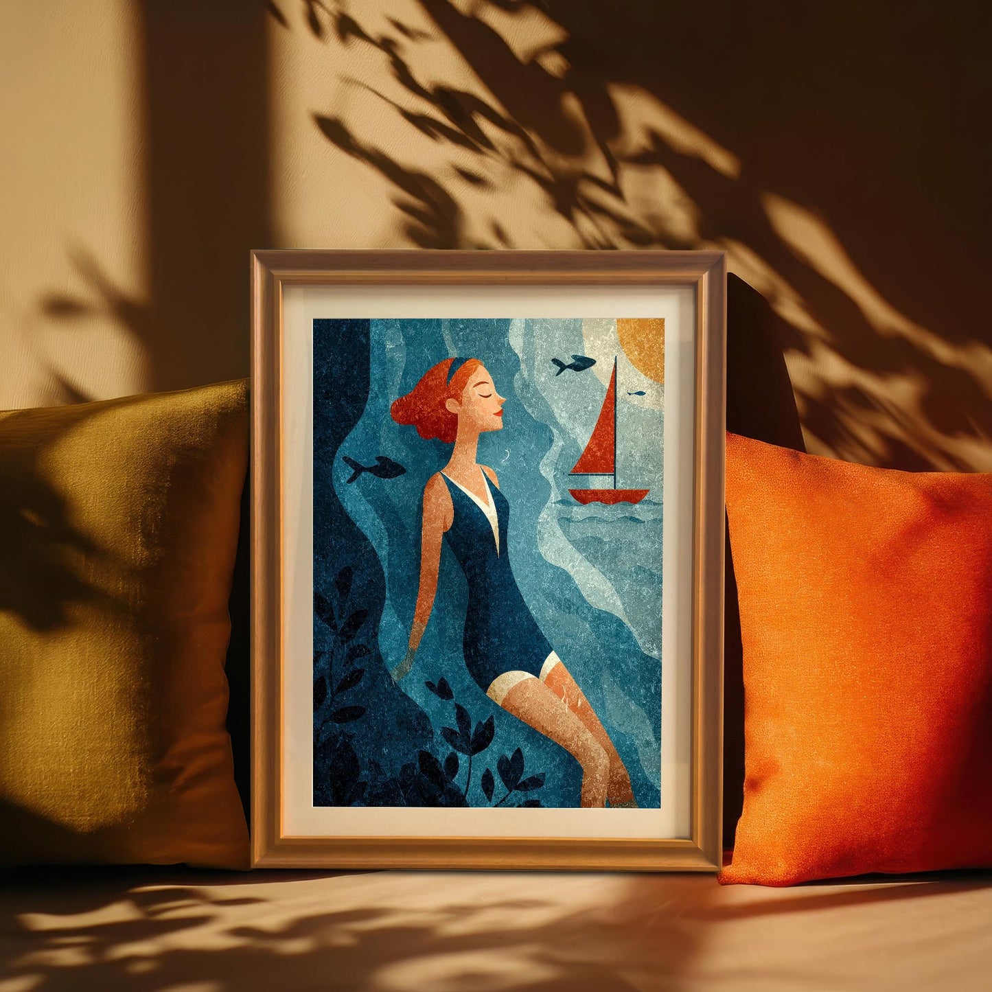 A framed art print of the swimmer in an Orange Frame is propped up between two throw pillows (one olive green, one orange) on a sunny bench. Sunlight casts shadows of leaves onto the wall behind it.