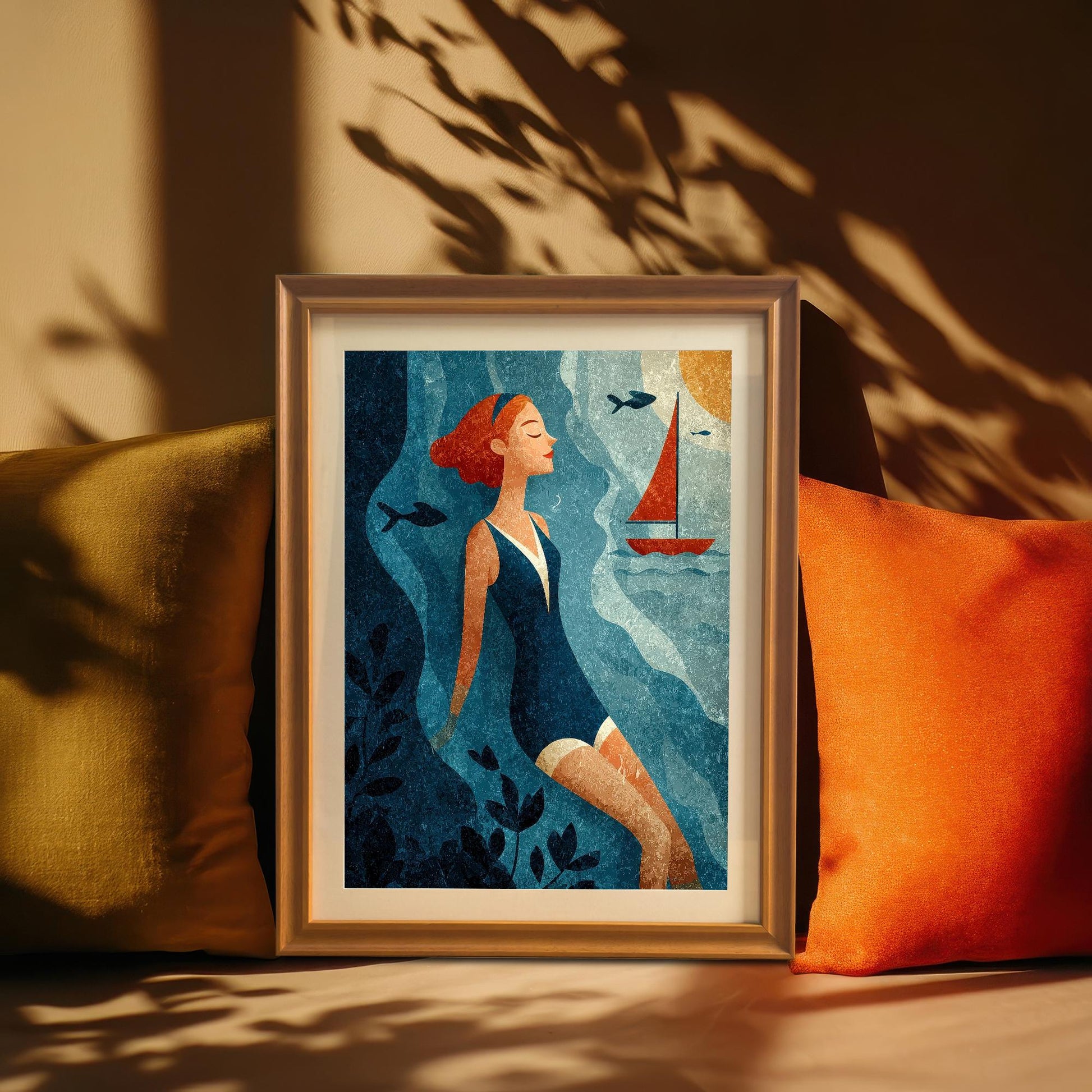 A framed art print of the swimmer in an Orange Frame is propped up between two throw pillows (one olive green, one orange) on a sunny bench. Sunlight casts shadows of leaves onto the wall behind it.