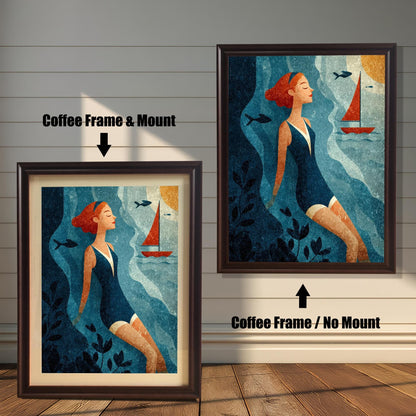 Side-by-side view of a woman-swimmer art print. On the left, a smaller print is shown with a Coffee Frame & Mount (matting). On the right, a larger print is shown with a Coffee Frame / No Mount. Both are against a white wood-paneled wall.