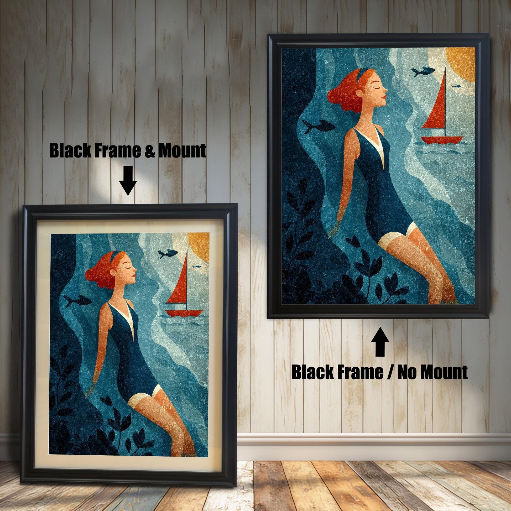 Side-by-side view of a woman-swimmer art print. On the left, a smaller print is shown with a Black Frame & Mount (matting). On the right, a larger print is shown with a Black Frame / No Mount. Both are against a light wood-paneled wall.