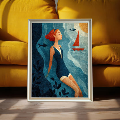 A framed art print of the swimmer in a blue swimsuit, set in a White/Silver Frame (no mount), propped on the floor in front of a large, bright yellow cushioned sofa.