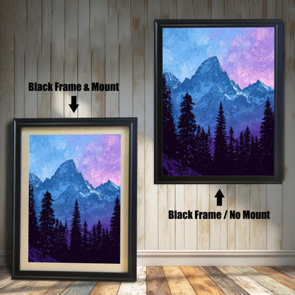 Side-by-side view of a mountain art print. On the left, a smaller print is shown with a Black Frame & Mount (matting). On the right, a larger print is shown with a Black Frame / No Mount. Both are against a light wood-paneled wall.