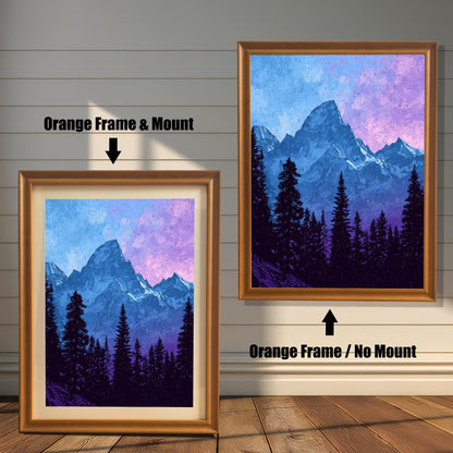 Side-by-side view of a mountain art print. On the left, a smaller print is shown with an Orange Frame & Mount (matting). On the right, a larger print is shown with an Orange Frame / No Mount. Both are against a white wood-paneled wall.