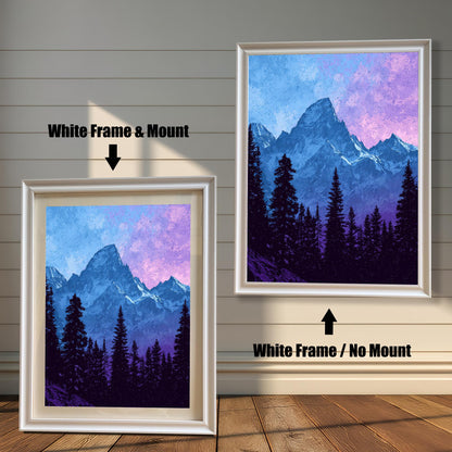 Side-by-side view of a mountain art print. On the left, a smaller print is shown with a White Frame & Mount (matting). On the right, a larger print is shown with a White Frame / No Mount. Both are against a white wood-paneled wall.