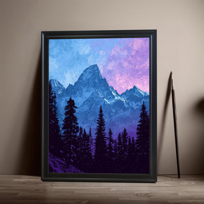 The mountain art print is framed with a Black Frame (no mount) and propped on a wooden floor against a neutral taupe wall. A pencil or thin decorative object leans against the wall to the side.