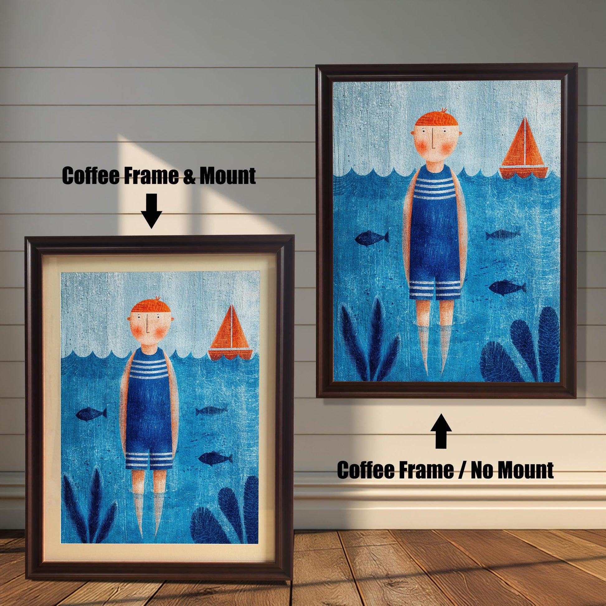 Two options for framing a blue and orange nautical art print, shown leaning against a wooden wall: Coffee Frame & Mount (smaller, with a white border/mount) and Coffee Frame / No Mount (larger, with the print filling the entire frame).