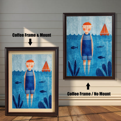 Two options for framing a blue and orange nautical art print, shown leaning against a wooden wall: Coffee Frame & Mount (smaller, with a white border/mount) and Coffee Frame / No Mount (larger, with the print filling the entire frame).