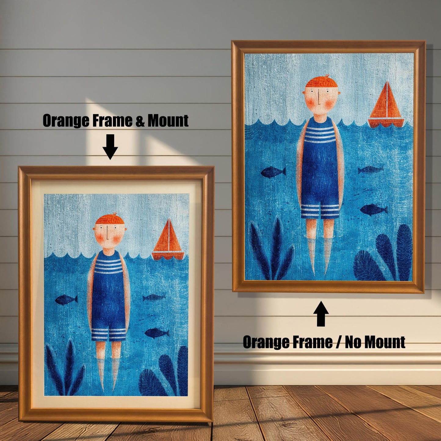 Two options for framing a blue and orange nautical art print, shown leaning against a wooden wall: Orange Frame & Mount (smaller, with a white border/mount) and Orange Frame / No Mount (larger, with the print filling the entire frame).