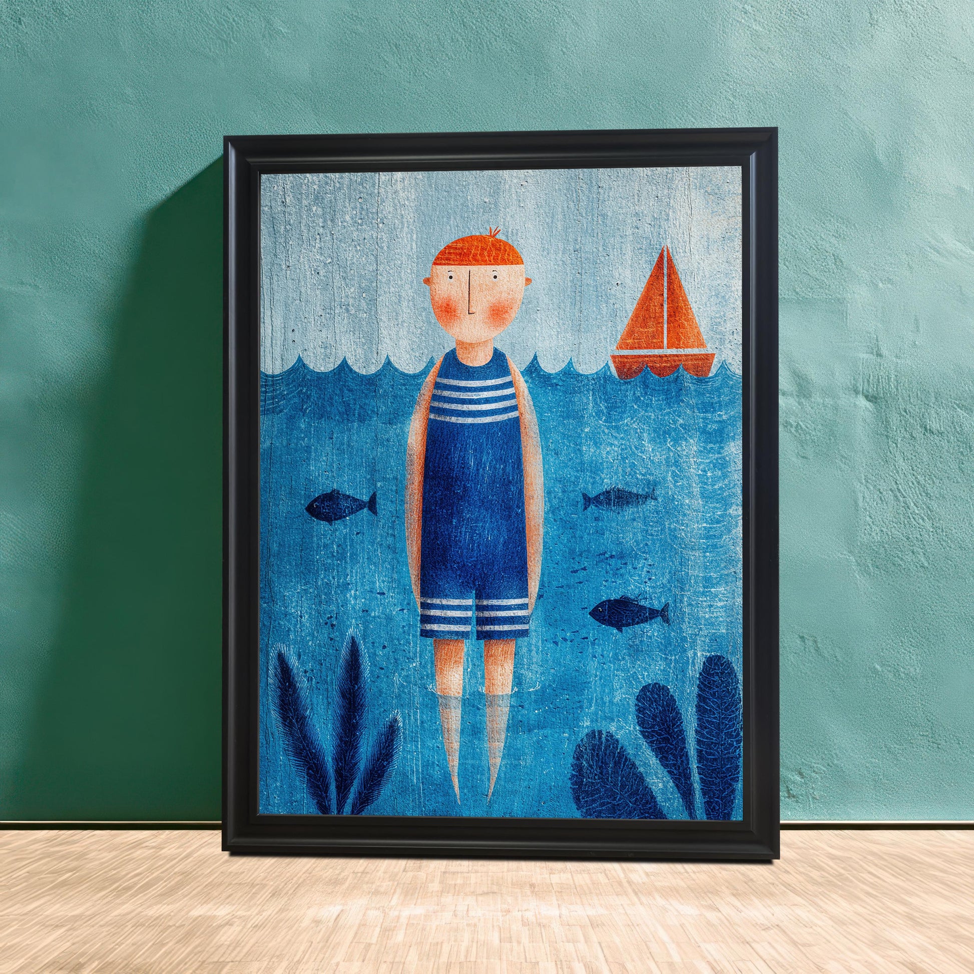 A large, framed blue and orange nautical art print in a simple black frame, leaning against a textured green wall and a light wooden floor.