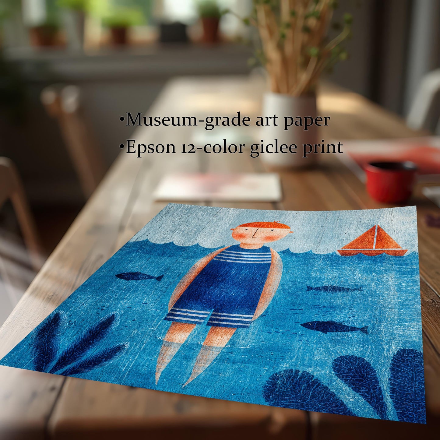 A close-up, angled view of the blue and orange nautical art print itself (unframed), lying on a dark wooden table. Text highlights the quality: Museum-grade art paper and Epson 12-color giclee print.