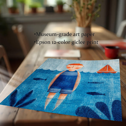 A close-up, angled view of the blue and orange nautical art print itself (unframed), lying on a dark wooden table. Text highlights the quality: Museum-grade art paper and Epson 12-color giclee print.