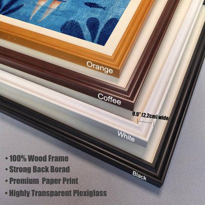 A close-up, stacked view of the corner of four different wooden frame colors: Orange, Coffee, White, and Black. Text highlights the frame is 0.9"" (2.2cm) wide and lists product features: 100% Wood Frame, Strong Back Board, Premium Paper Print, and Highly Transparent Plexiglass.