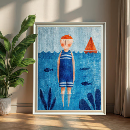 A large, framed blue and orange nautical art print in a simple white frame, leaning against a neutral wall next to a potted green plant.