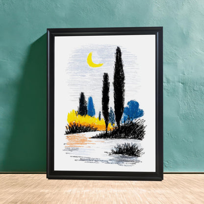 A large, framed abstract landscape print in a simple black frame, leaning against a textured teal wall and a light wooden floor.