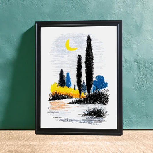A large, framed abstract landscape print in a simple black frame, leaning against a textured teal wall and a light wooden floor.