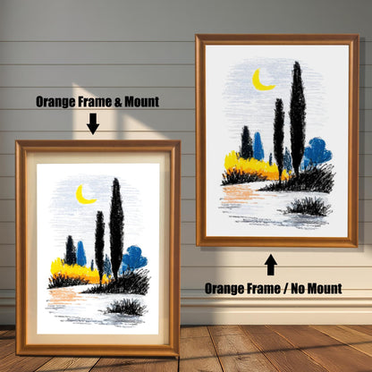 Two options for framing the abstract landscape print, shown leaning against a wooden wall: Orange Frame & Mount (smaller, with a white border/mount) and Orange Frame / No Mount (larger, with the print filling the entire frame).