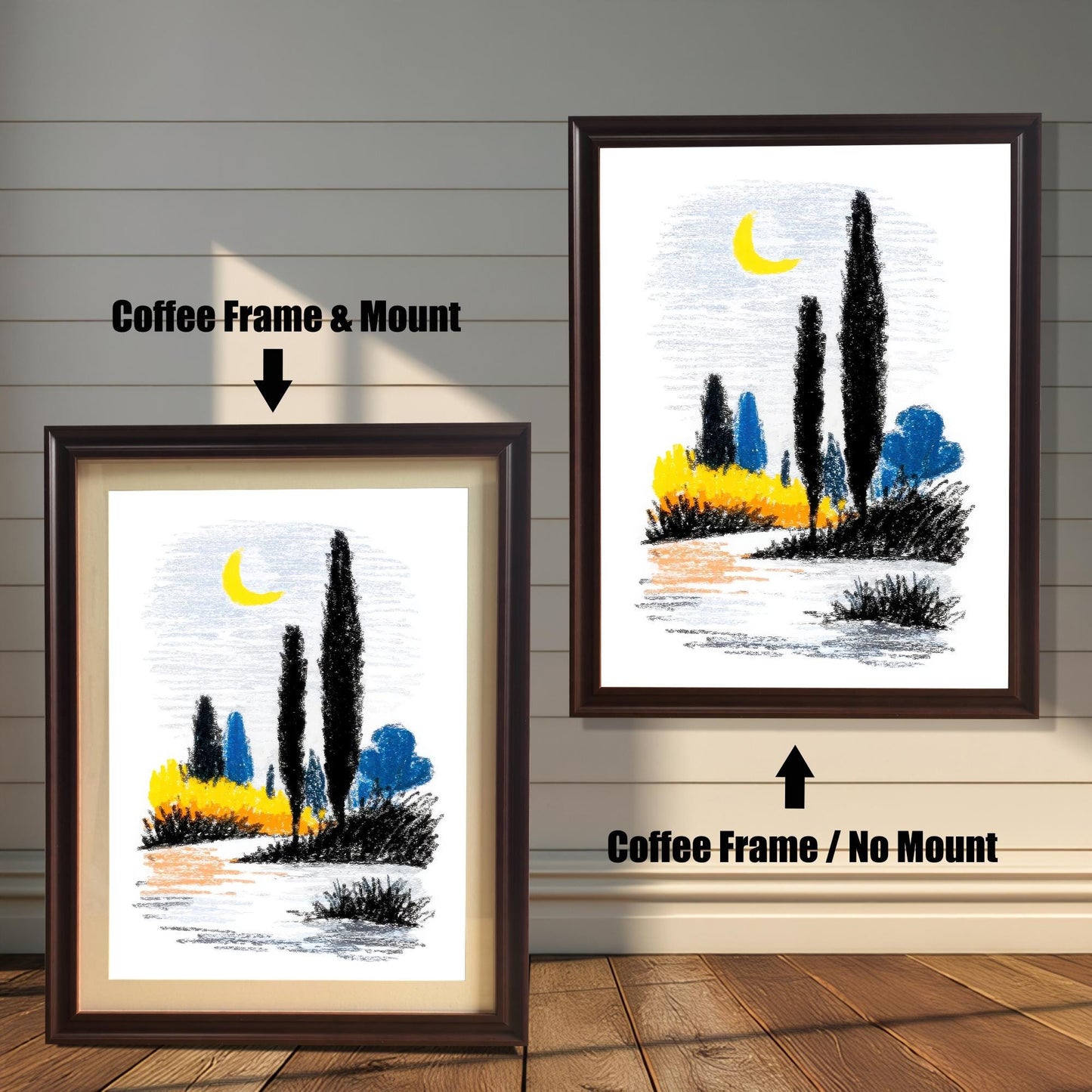 Two options for framing the abstract landscape print, shown leaning against a wooden wall: Coffee Frame & Mount (smaller, dark brown frame with a light border/mount) and Coffee Frame / No Mount (larger, dark brown frame with the print filling the entire frame).