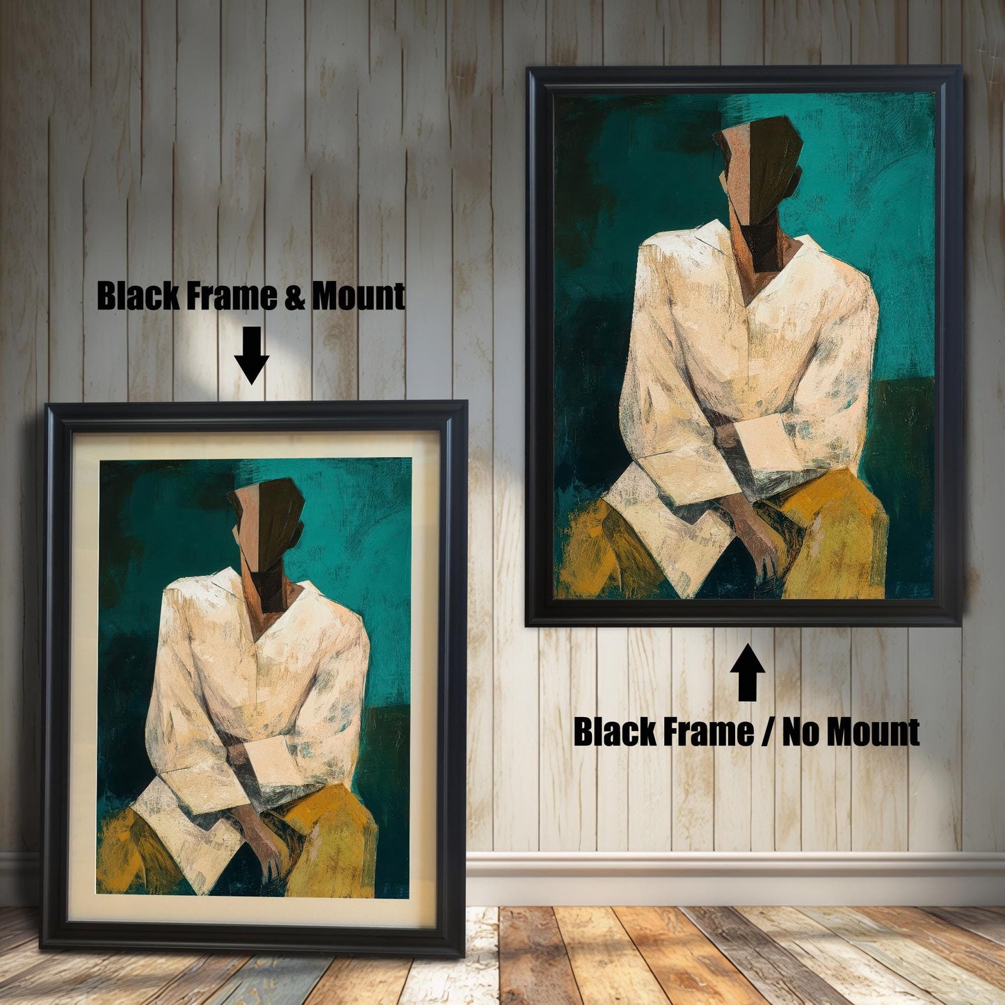 Two options for framing the abstract portrait print, shown leaning against a wooden wall: Black Frame & Mount (smaller, with a white border/mount) and Black Frame / No Mount (larger, with the print filling the entire frame).
