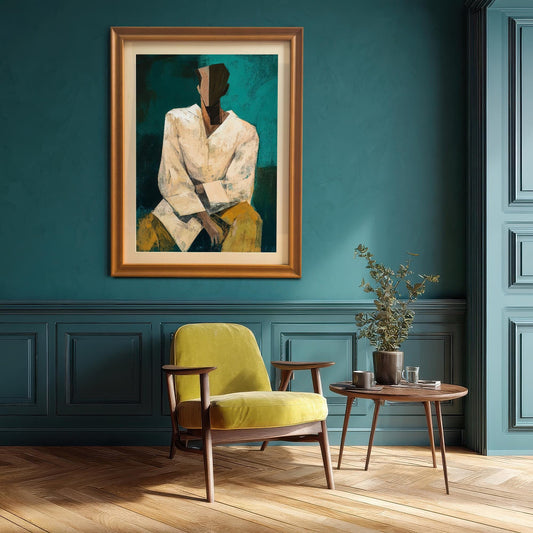 A framed abstract portrait print in a light brown/orange frame, hanging on a textured dark teal wall above a vintage-style chartreuse armchair and a small side table.