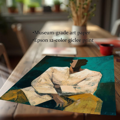 A close-up, angled view of the abstract portrait print itself (unframed), lying on a dark wooden table. The oil-style painting features an abstract figure in a white shirt and yellow pants against a teal background. Text highlights the quality: Museum-grade art paper and Epson 12-color giclee print.