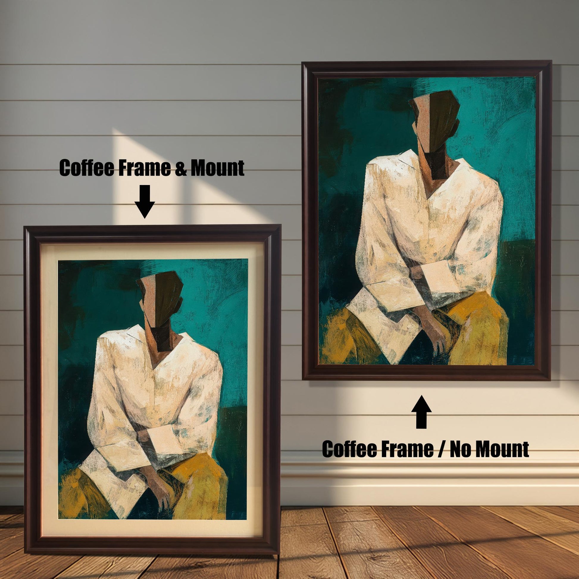 Two options for framing the abstract portrait print, shown leaning against a wooden wall: Coffee Frame & Mount (smaller, dark brown frame with a light border/mount) and Coffee Frame / No Mount (larger, dark brown frame with the print filling the entire frame).