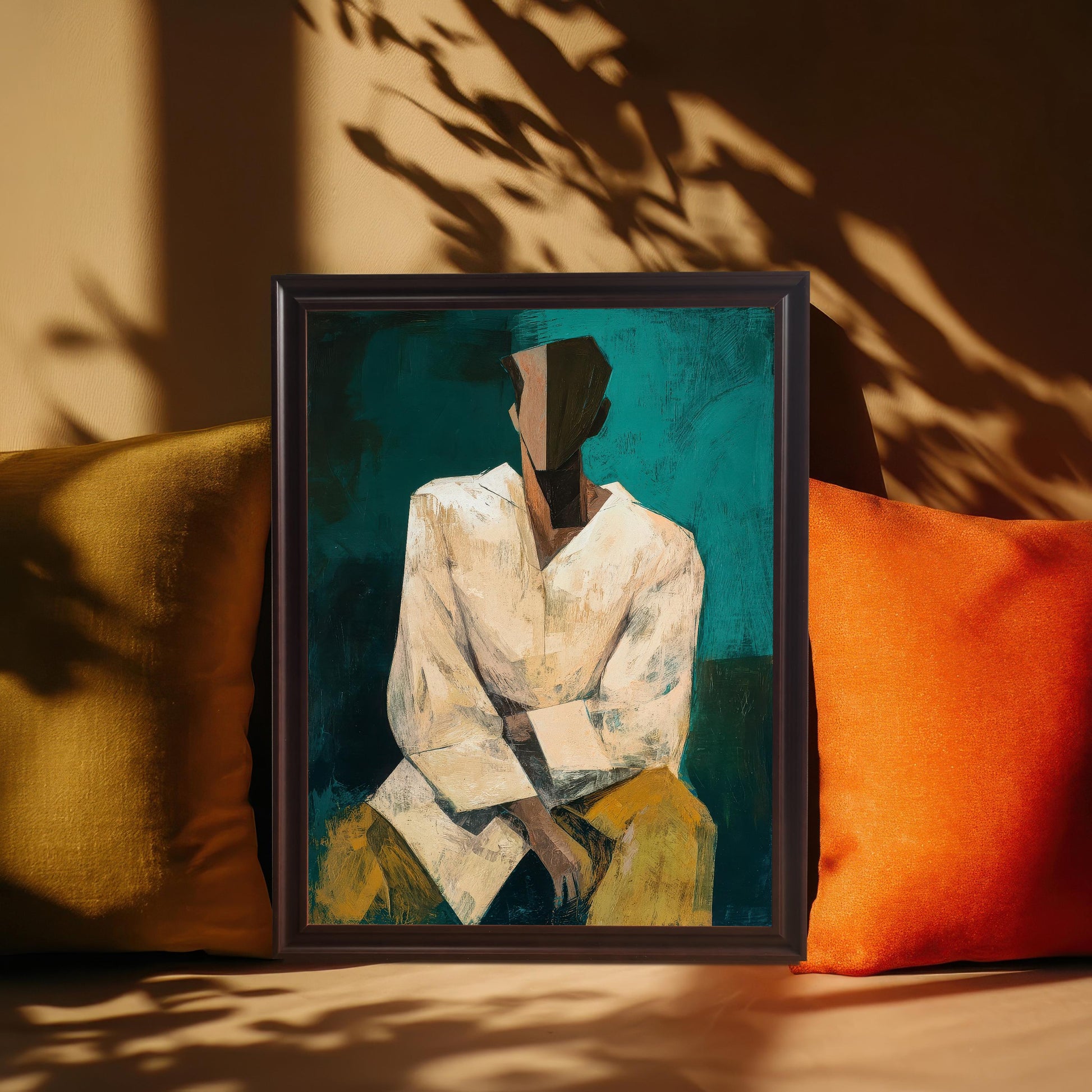 A close-up of the abstract portrait print in a dark brown/coffee frame, leaning against a tan background between a yellow-green and an orange throw pillow, with sunlit plant shadows cast across the back wall.