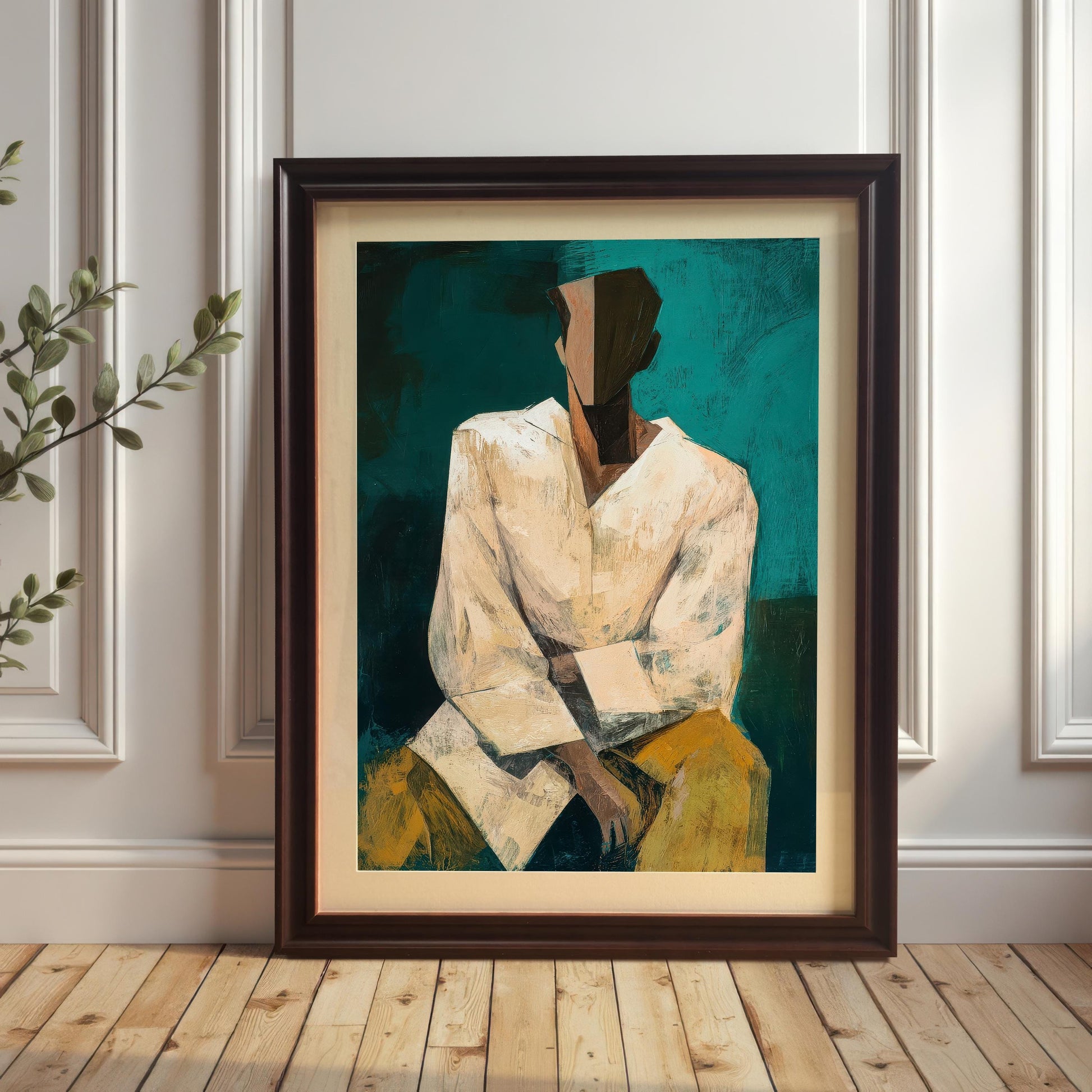 A large, framed abstract portrait print in a dark brown/coffee frame with a light mount, leaning against a white wainscoted wall on a wooden floor. A green plant branch is visible in the foreground to the left.