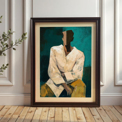 A large, framed abstract portrait print in a dark brown/coffee frame with a light mount, leaning against a white wainscoted wall on a wooden floor. A green plant branch is visible in the foreground to the left.