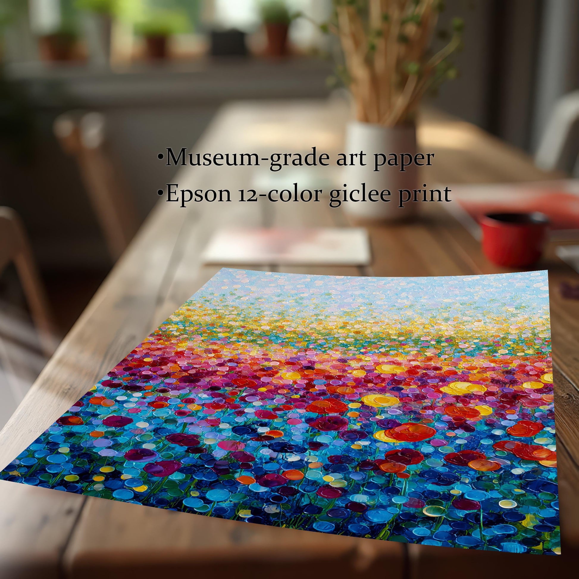 Close-up of the vibrant, colorful flower field giclée print resting on a wooden table, emphasizing the texture and color. Text highlights: ""Museum-grade art paper,"" ""Epson 12-color giclée print.""