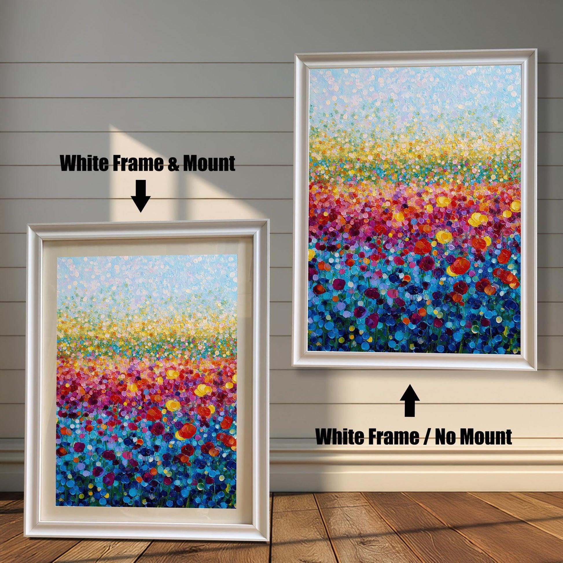 Comparison image showing the colorful flower field art print in a White Frame with Mount (smaller, bottom left) and a White Frame with No Mount (larger, top right).