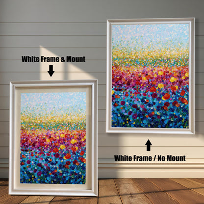 Comparison image showing the colorful flower field art print in a White Frame with Mount (smaller, bottom left) and a White Frame with No Mount (larger, top right).