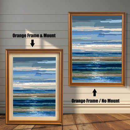Comparison image showing the abstract seascape print in an Orange Frame with Mount (smaller, bottom left) and an Orange Frame with No Mount (larger, top right).