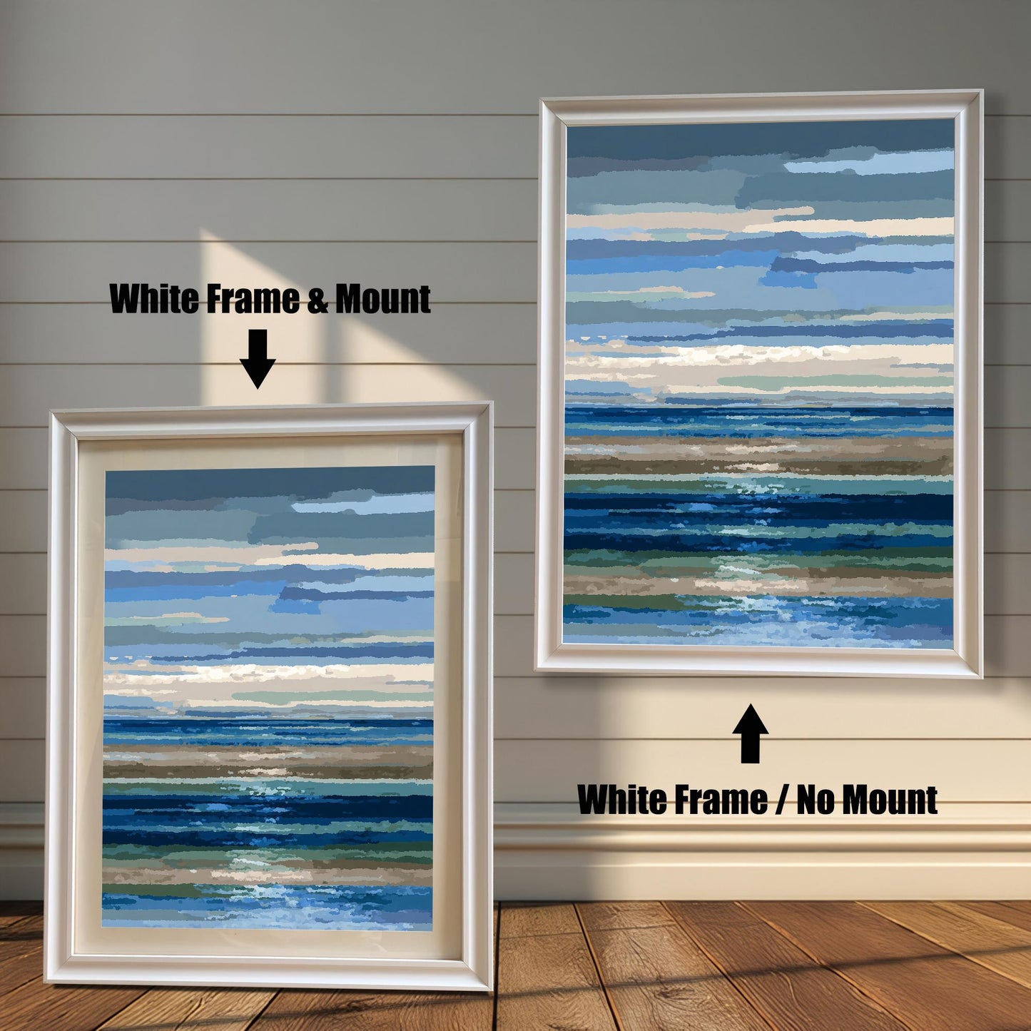 Comparison image showing the abstract seascape print in a White Frame with Mount (smaller, bottom left) and a White Frame with No Mount (larger, top right).