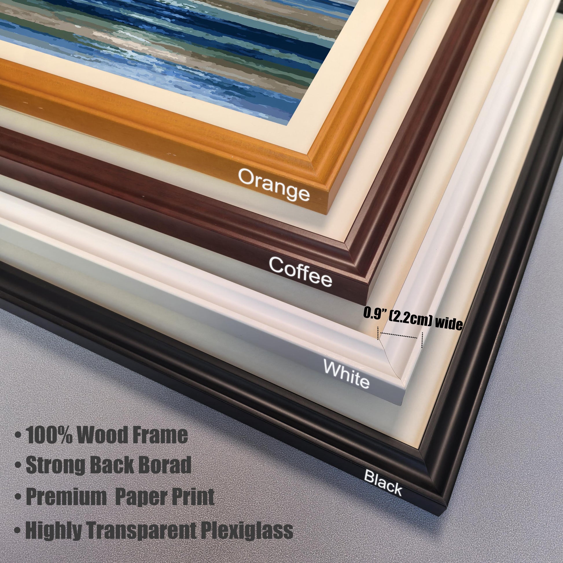 Close-up showing the four available wood frame colors (Orange, Coffee, White, Black) and listing frame features: ""100% Wood Frame,"" ""Strong Back Borad,"" ""Premium Paper Print,"" ""Highly Transparent Plexiglass,"" and ""0.9"" (2.2cm) wide.""