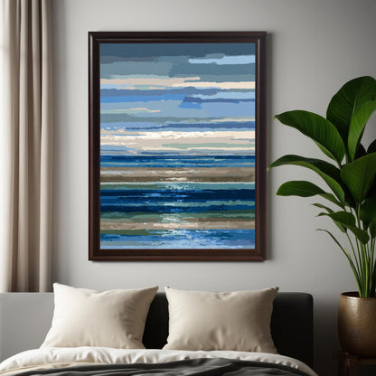 Large abstract blue and brown striped seascape art print in a dark brown frame, hanging on a gray wall above a bed with white pillows, next to a large potted green plant.
