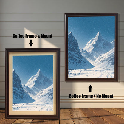 Comparison image showing the snowy mountain valley print in a Coffee Frame with Mount (smaller, bottom left) and a Coffee Frame with No Mount (larger, top right).