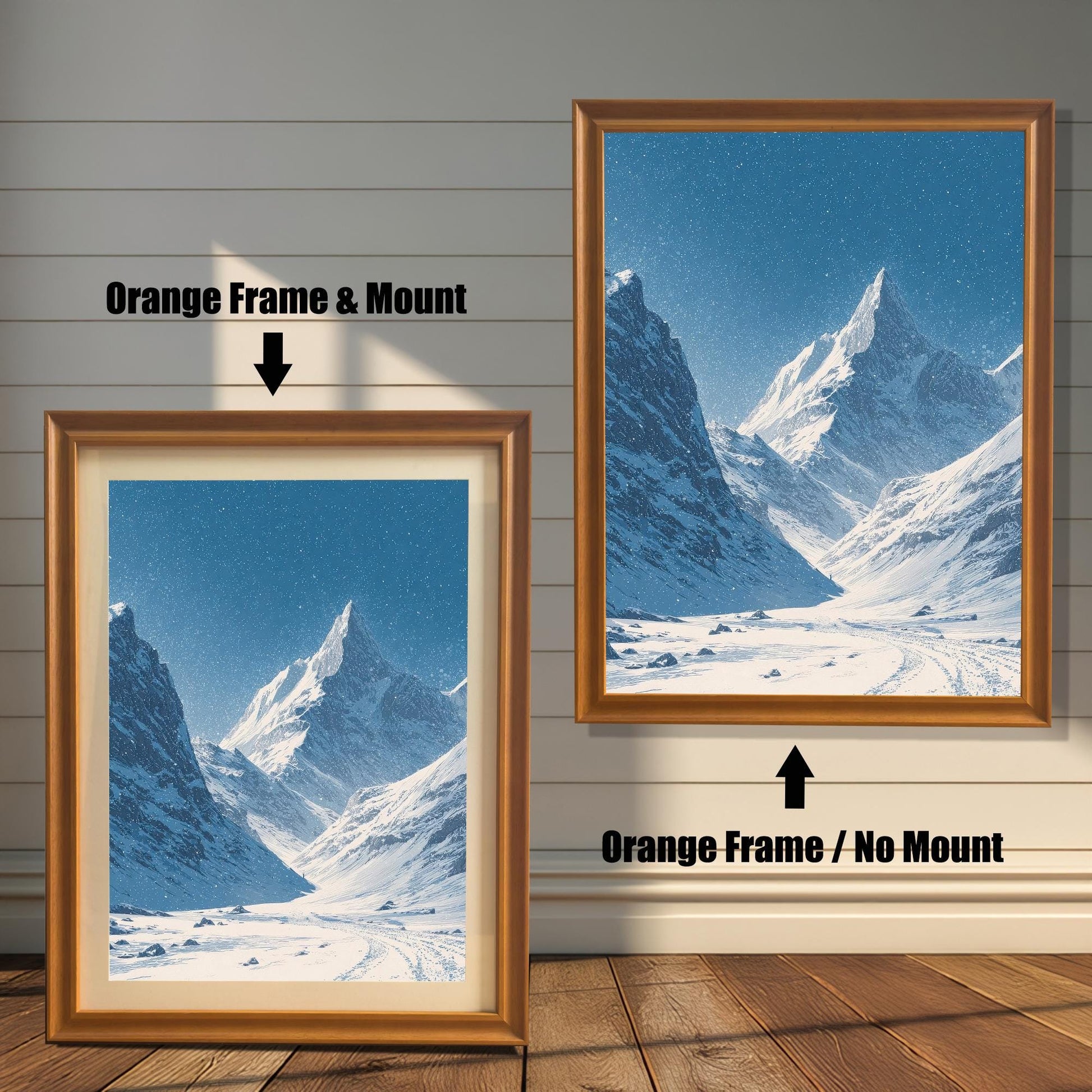 Comparison image showing the snowy mountain valley print in an Orange Frame with Mount (smaller, bottom left) and an Orange Frame with No Mount (larger, top right).