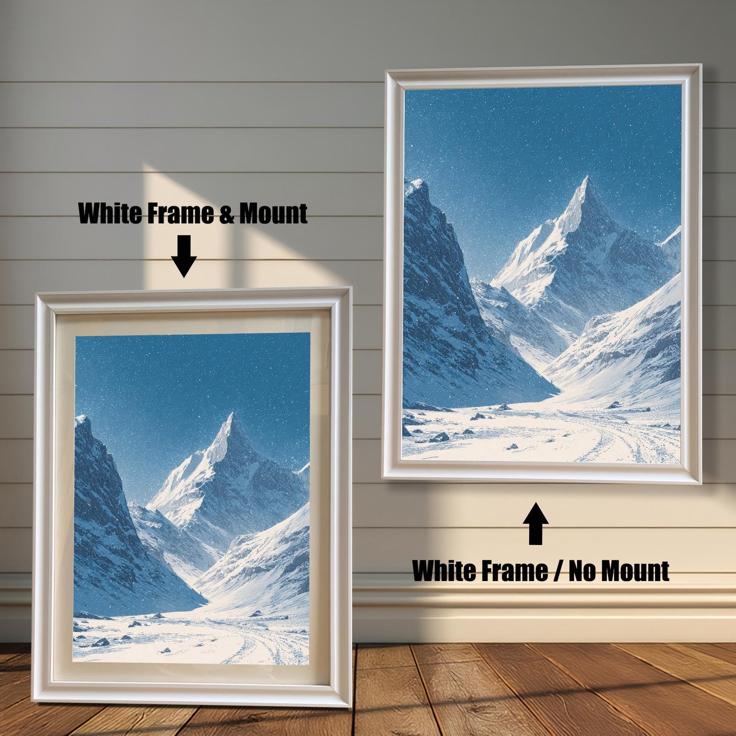 Comparison image showing the snowy mountain valley print in a White Frame with Mount (smaller, bottom left) and a White Frame with No Mount (larger, top right).