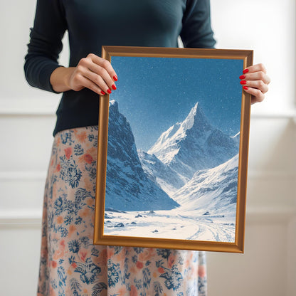 A woman in a dark shirt and floral skirt holding the snowy mountain valley print in a gold/orange wood frame.